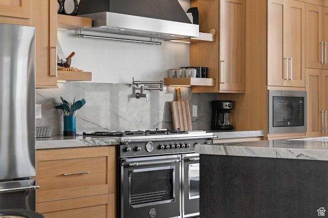 kitchen featuring stainless steel appliances, ventilation hood, decorative backsplash, and open shelves