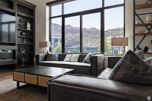 living area with a mountain view and dark wood-style flooring
