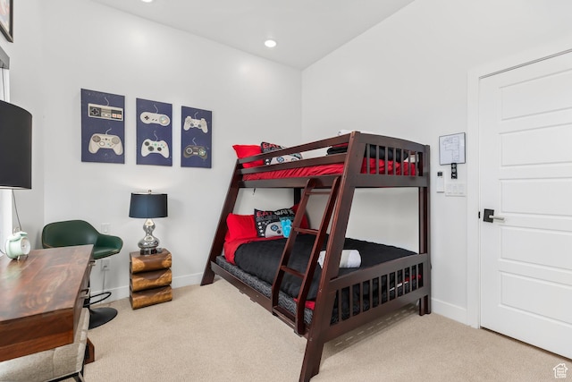 carpeted bedroom featuring baseboards, recessed lighting, and an office area