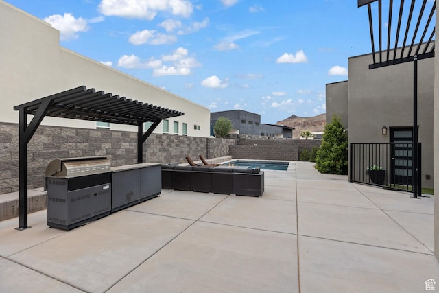 view of patio / terrace with a pergola, an outdoor hangout area, area for grilling, and fence