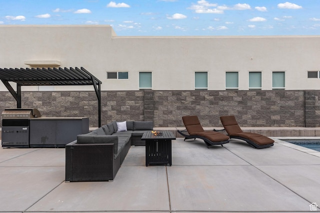 1450 W Torrey Pines Rd, Hurricane, UT 84737 - view of patio with a pergola, an outdoor living space with a fire pit, and a grill