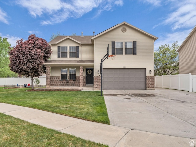 traditional home with brick siding, an attached garage, concrete driveway, and a porch