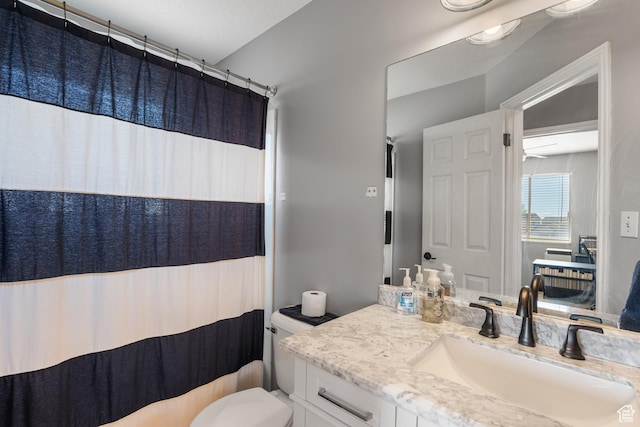 full bathroom with toilet, vanity, and a shower with shower curtain