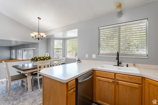 kitchen with a sink, dishwasher, light countertops, a chandelier, and lofted ceiling