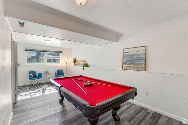 playroom featuring wood finished floors, billiards table, baseboards, and a textured wall
