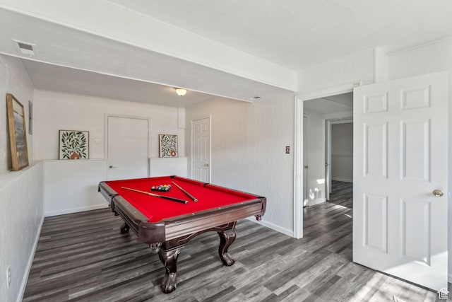 rec room featuring wood finished floors, billiards, and baseboards