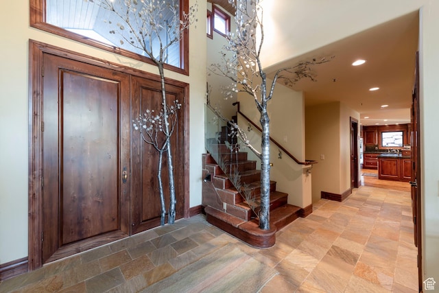 3623 Oakwood Ct, Park City, UT 84060 - foyer entrance featuring stairway, baseboards, recessed lighting, and healthy amount of natural light