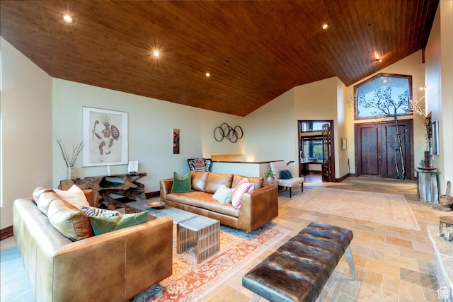 3623 Oakwood Ct, Park City, UT 84060 - living area with wooden ceiling, baseboards, recessed lighting, high vaulted ceiling, and stone finish floors