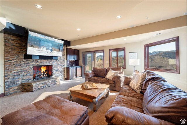 3623 Oakwood Ct, Park City, UT 84060 - carpeted living room with a fireplace and recessed lighting