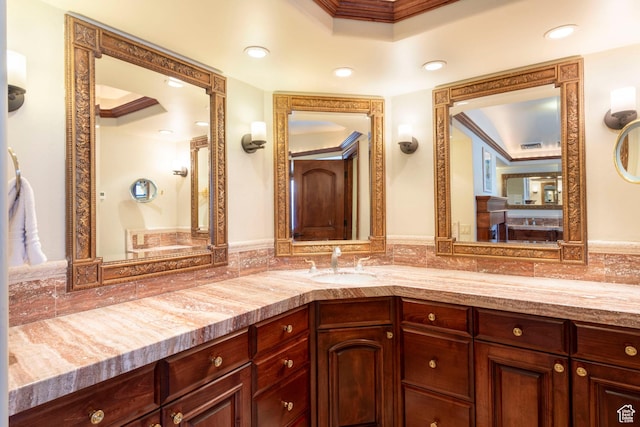 3623 Oakwood Ct, Park City, UT 84060 - bathroom with vanity, crown molding, and recessed lighting