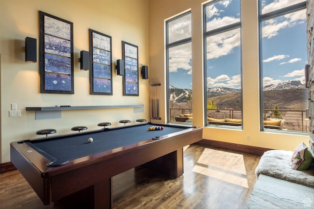 3623 Oakwood Ct, Park City, UT 84060 - rec room featuring billiards, wood finished floors, baseboards, and a mountain view