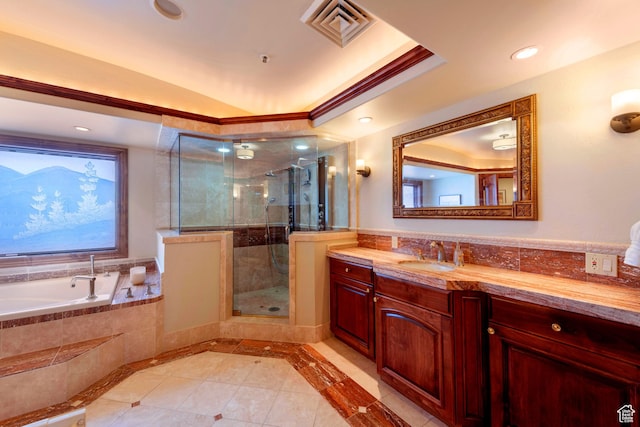 3623 Oakwood Ct, Park City, UT 84060 - bathroom featuring a stall shower, tile patterned flooring, vanity, a garden tub, and recessed lighting