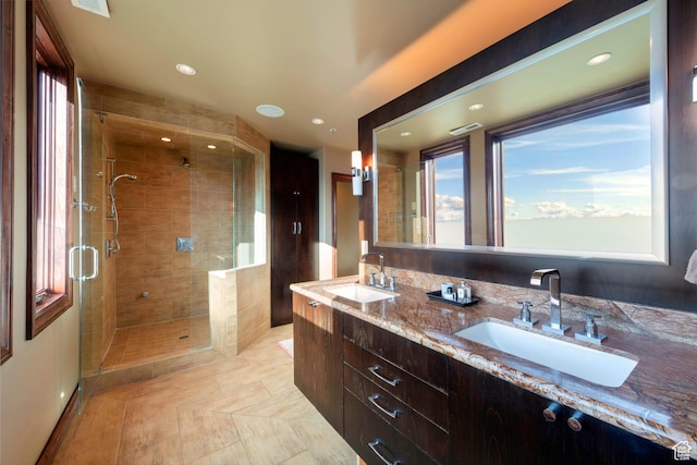 3623 Oakwood Ct, Park City, UT 84060 - bathroom with a shower stall, double vanity, and recessed lighting