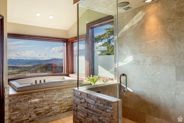 3623 Oakwood Ct, Park City, UT 84060 - bathroom with a tile shower, plenty of natural light, and a mountain view