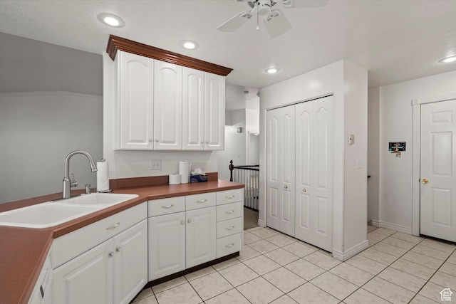 5280 S 1035 E, South Ogden, UT 84403 - kitchen featuring a ceiling fan, light tile patterned flooring, a sink, white cabinetry, and recessed lighting