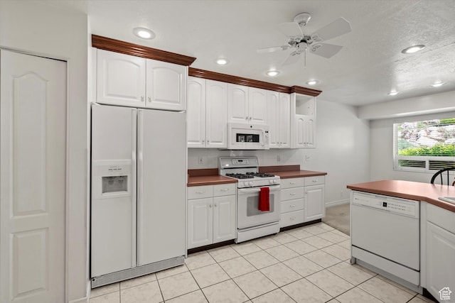 5280 S 1035 E, South Ogden, UT 84403 - kitchen with white appliances, a ceiling fan, white cabinetry, recessed lighting, and light tile patterned floors