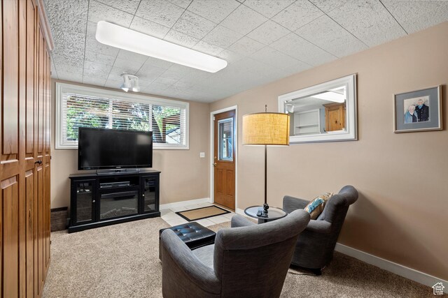 living area with baseboards and carpet floors