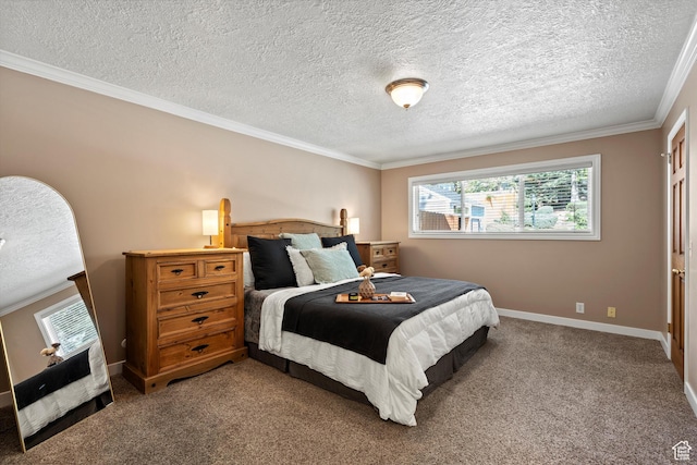 carpeted bedroom with a textured ceiling, multiple windows, ornamental molding, and baseboards