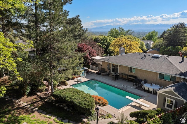 swimming pool with a patio and a diving board