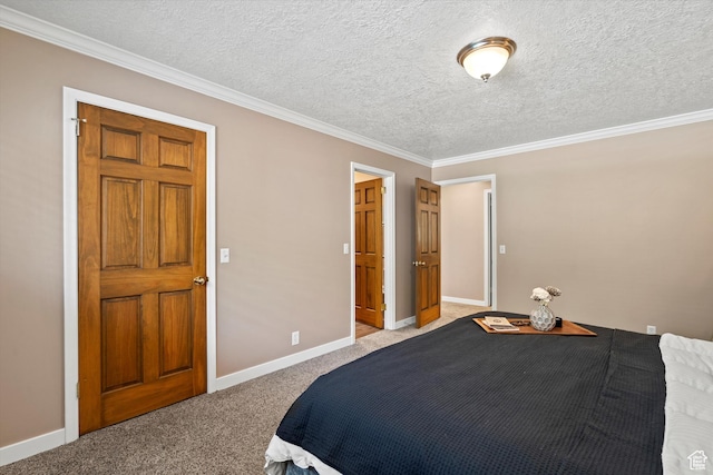 bedroom featuring crown molding, light carpet, a textured ceiling, and baseboards