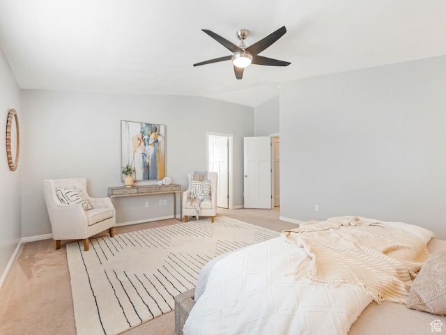 bedroom with lofted ceiling, baseboards, carpet flooring, and ceiling fan