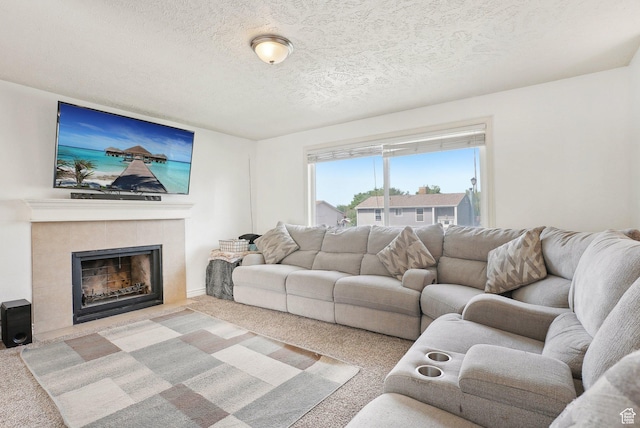 4372 S Wildrose Dr W, West Valley City, UT 84120 - carpeted living area featuring a textured ceiling and a tiled fireplace
