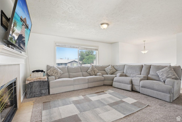 4372 S Wildrose Dr W, West Valley City, UT 84120 - carpeted living area with a fireplace with flush hearth and a textured ceiling