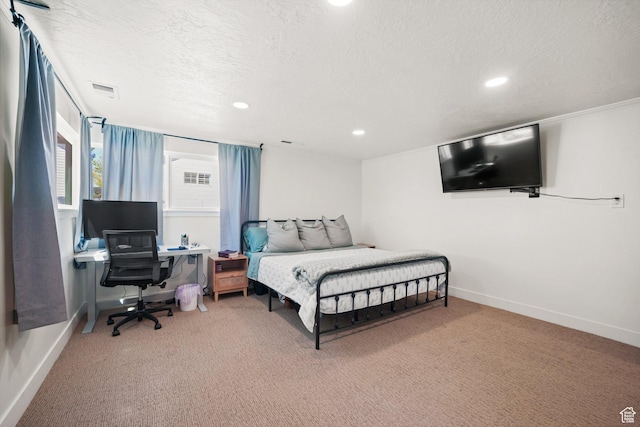bedroom with carpet flooring, a textured ceiling, recessed lighting, baseboards, and an office area