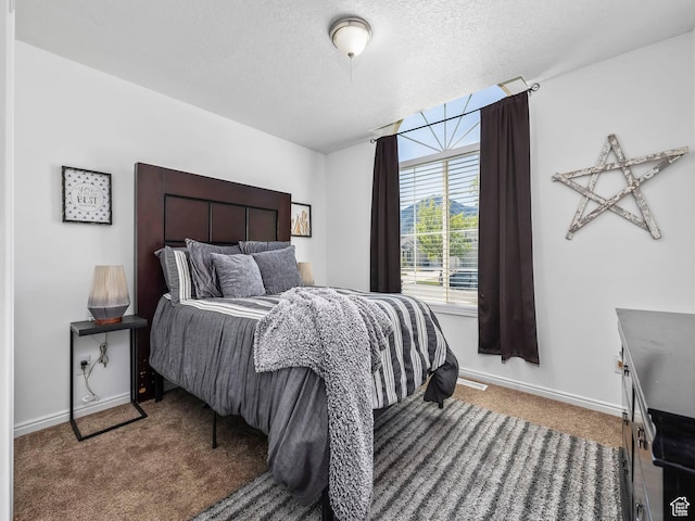 bedroom featuring carpet flooring, a textured ceiling, and baseboards