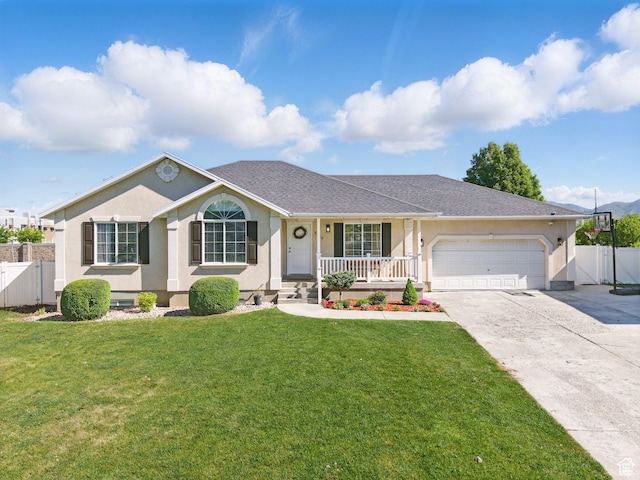 ranch-style home featuring covered porch, a garage, concrete driveway, stucco siding, and a gate