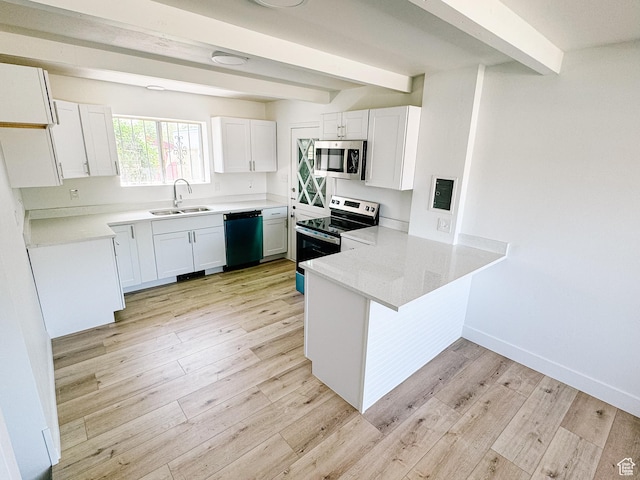 1177 W Picture Dr, Salt Lake City, UT 84116 - kitchen with stainless steel appliances, a sink, beamed ceiling, a peninsula, and light wood finished floors