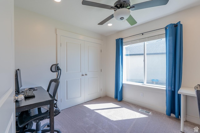 office area featuring carpet flooring, a ceiling fan, recessed lighting, and baseboards