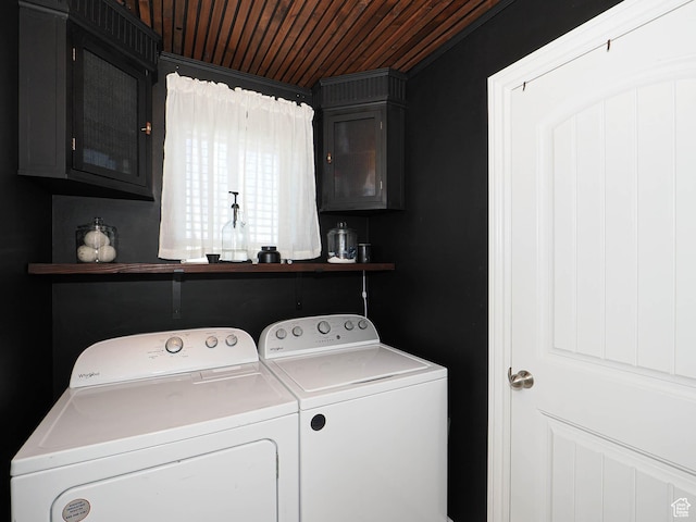 879 W Saddlebrook Dr, Kaysville, UT 84037 - washroom featuring separate washer and dryer, wooden ceiling, and cabinet space