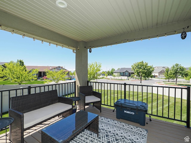 879 W Saddlebrook Dr, Kaysville, UT 84037 - wooden terrace featuring a residential view, an outdoor hangout area, and a lawn