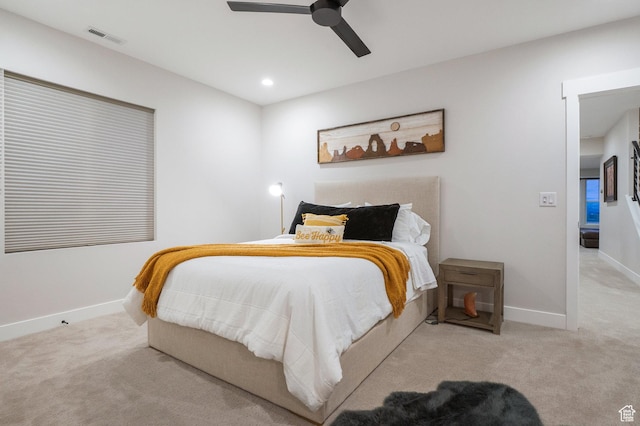 bedroom featuring carpet flooring, baseboards, ceiling fan, and recessed lighting
