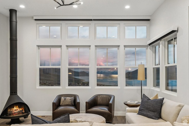 sunroom with a wood stove