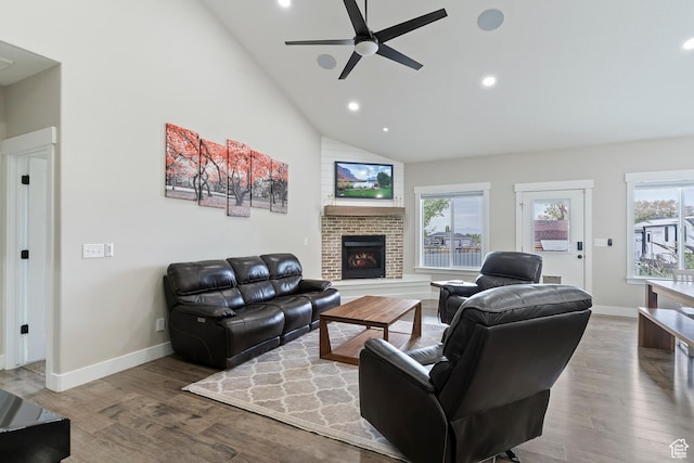 2685 N 850 E, North Ogden, UT 84414 - living room with a ceiling fan, plenty of natural light, high vaulted ceiling, recessed lighting, and wood finished floors