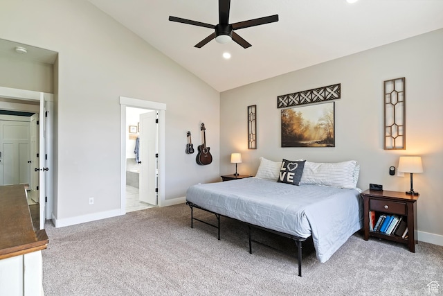 2685 N 850 E, North Ogden, UT 84414 - bedroom featuring light colored carpet, baseboards, recessed lighting, high vaulted ceiling, and connected bathroom