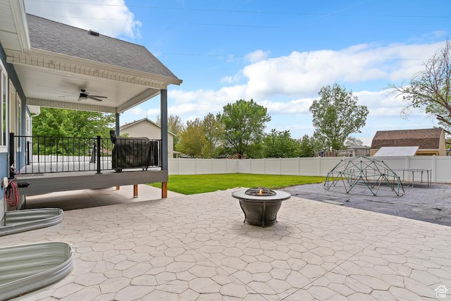 2685 N 850 E, North Ogden, UT 84414 - view of patio / terrace featuring a fire pit and ceiling fan