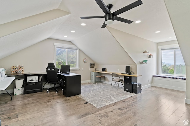 2685 N 850 E, North Ogden, UT 84414 - home office featuring light wood-style flooring, ceiling fan, lofted ceiling, recessed lighting, and baseboards
