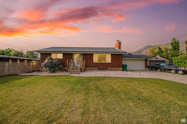 single story home featuring concrete driveway, brick siding, a chimney, and an attached garage
