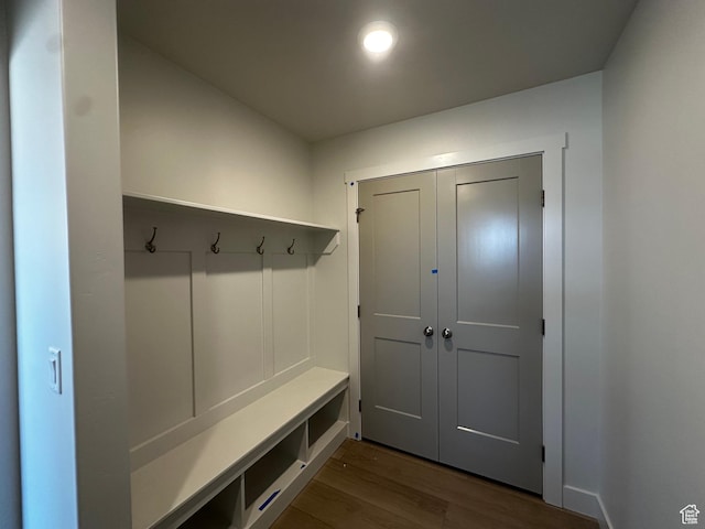 mudroom with dark wood-type flooring and baseboards