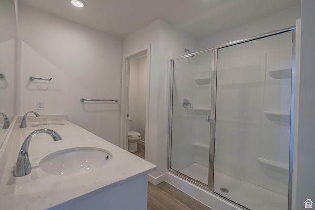 1579 N 800 W, Salem, UT 84653 - full bath with a shower stall, toilet, wood finished floors, double vanity, and recessed lighting
