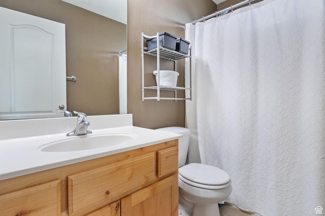 full bath with toilet, vanity, a shower with curtain, and tile patterned flooring