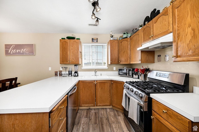 kitchen featuring stainless steel appliances, under cabinet range hood, a sink, a peninsula, and wood finished floors