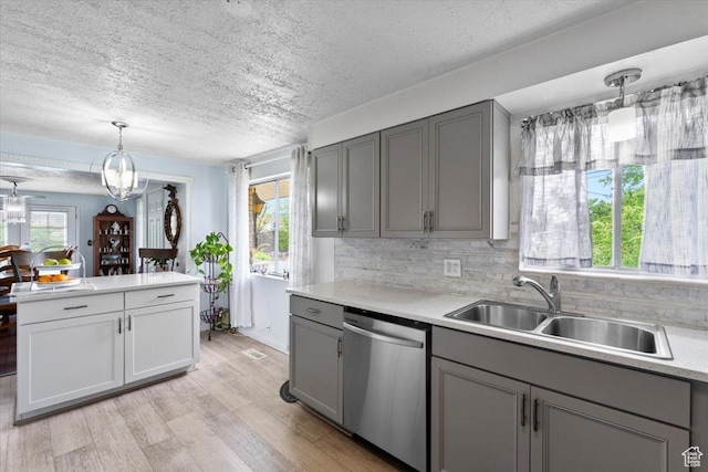1471 W 1460 N, Provo, UT 84604 - kitchen featuring stainless steel dishwasher, gray cabinets, a sink, a textured ceiling, and light wood finished floors