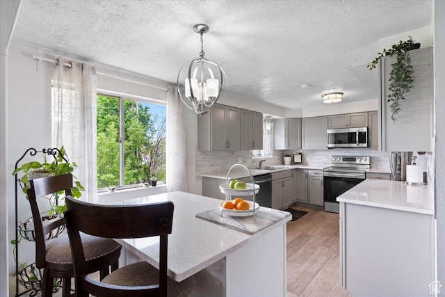1471 W 1460 N, Provo, UT 84604 - kitchen featuring appliances with stainless steel finishes, gray cabinetry, a textured ceiling, plenty of natural light, and backsplash