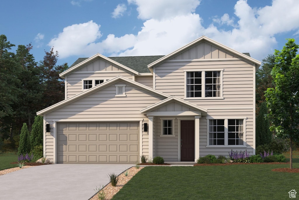 traditional-style home with board and batten siding, concrete driveway, and a front yard