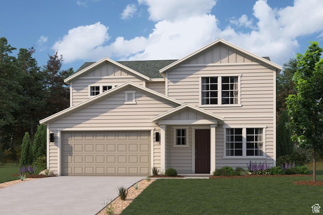 traditional-style home with board and batten siding, concrete driveway, and a front yard