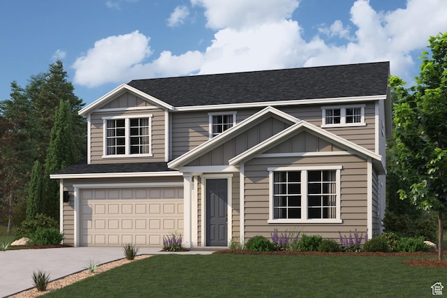 view of front of home featuring driveway, a garage, board and batten siding, a front lawn, and roof with shingles